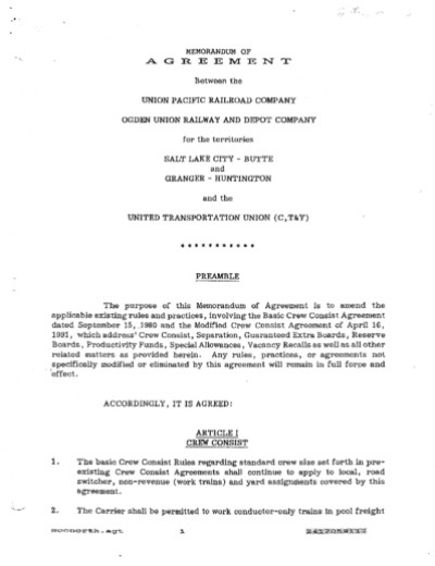 DECEMBER 1991 IDAHO CREW CONSIST AGREEMENT