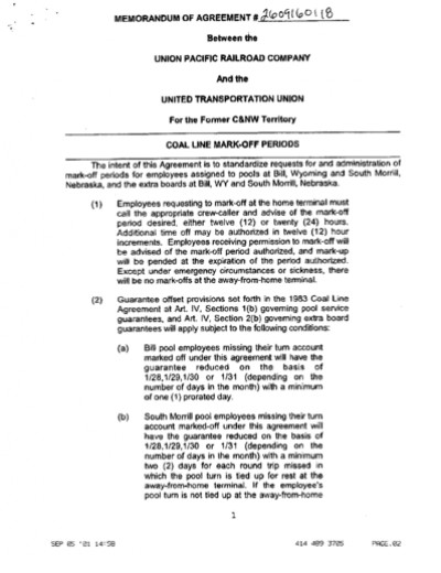 CNW Coal Line Mark-Off Agreement