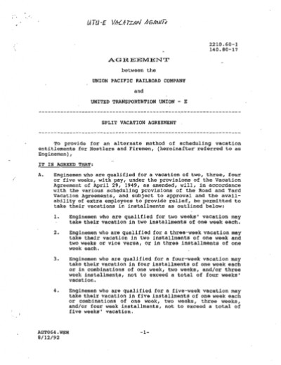 SPLIT VACATION AGREEMENT- HOSTLER&FIREMEN