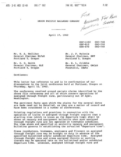 DEPARTURES- ASSIGNED FREIGHT RUNS