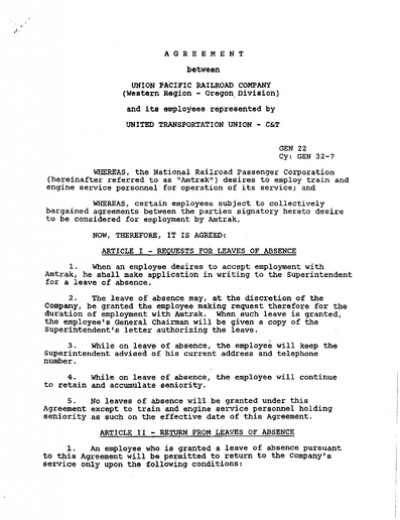 LEAVE OF ABSENCE: AMTRAK